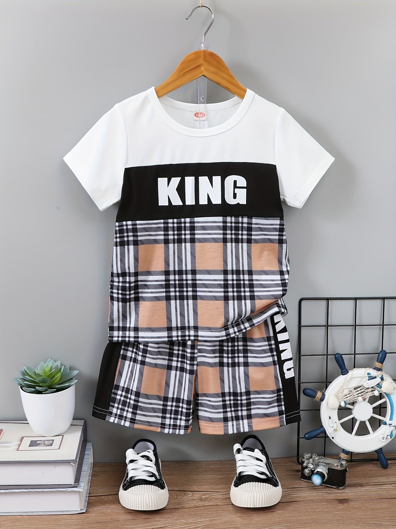 Boys Casual Outfit: T shirt & Plaid Shorts, Summer Kids Clothes
