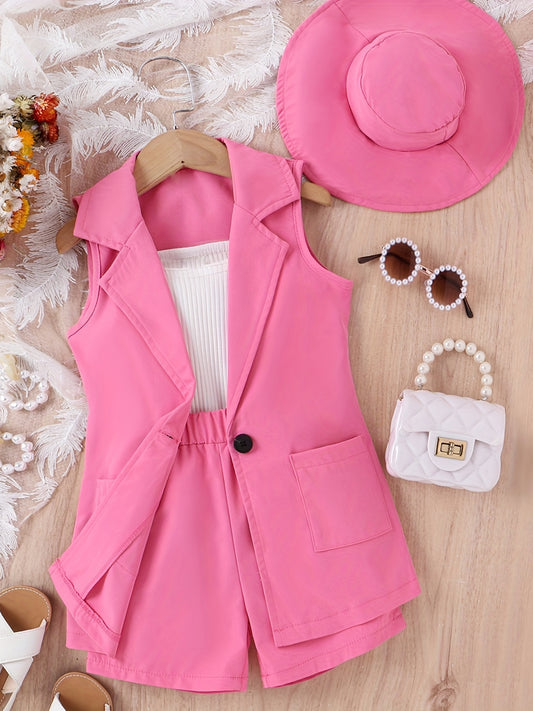 Girls 4pcs Summer Vest, Strip Top, Shorts, Hat Set