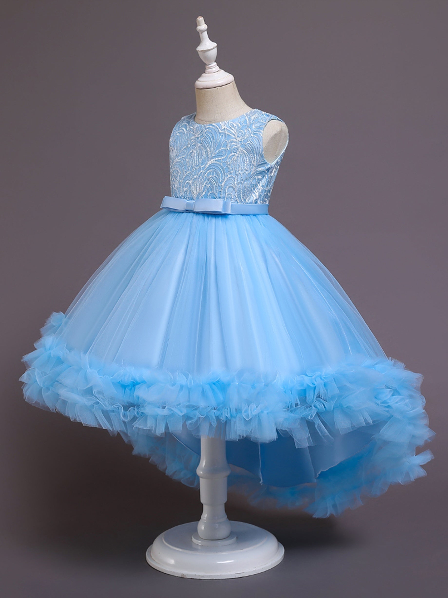 Girls Puffy Tail Princess Dress Bow Embroidery Tulle Tutu