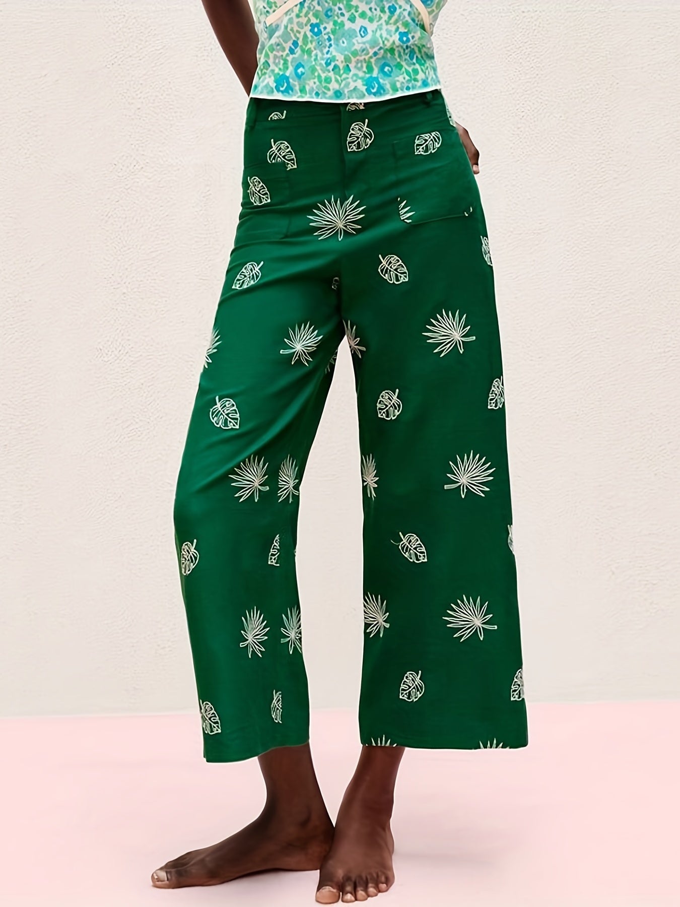  Leaf Print Button Fly High Rise Wide Leg Trousers