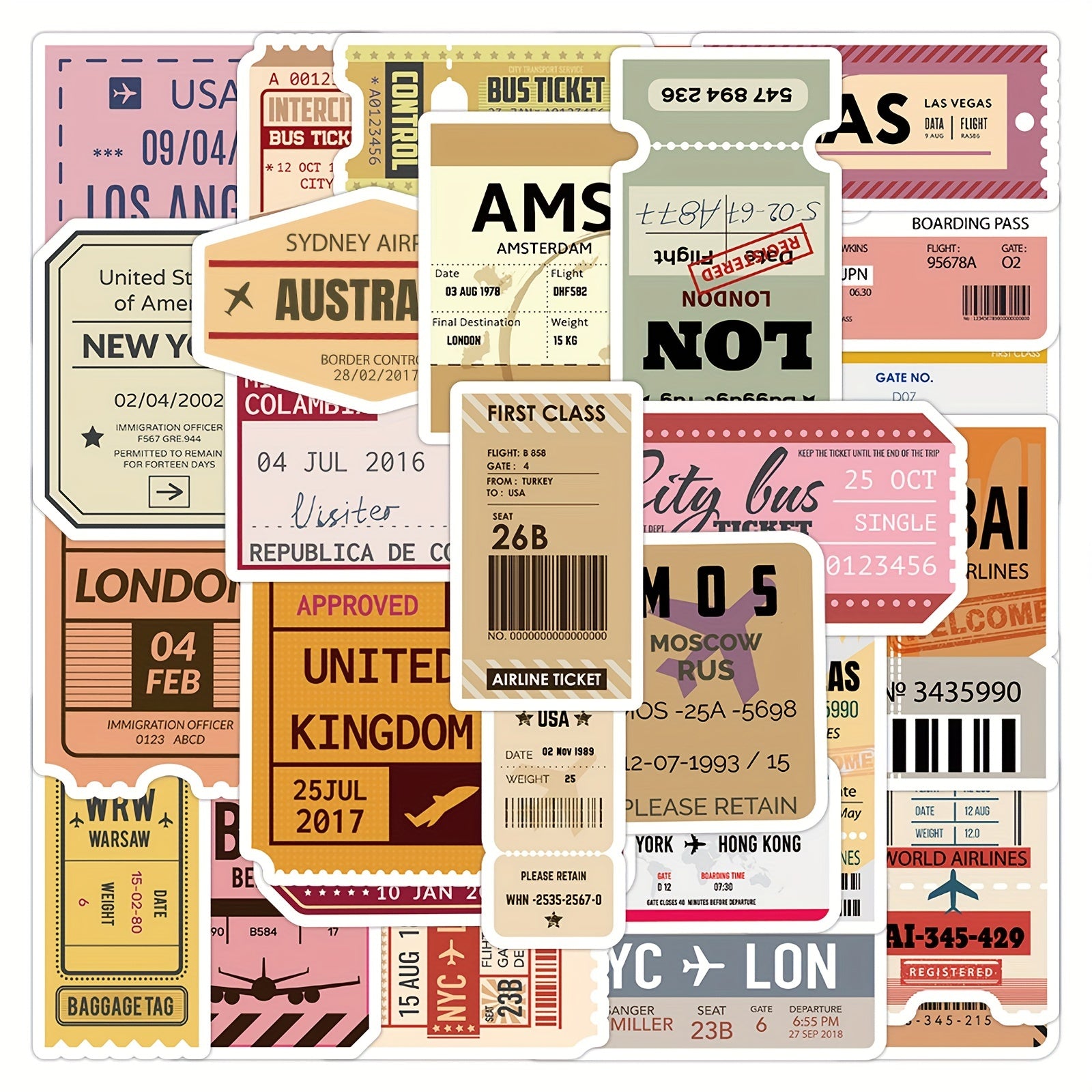 60pcs Retro Airplane Transportation Ticket Stickers Vinyl Self Adhesive Decals