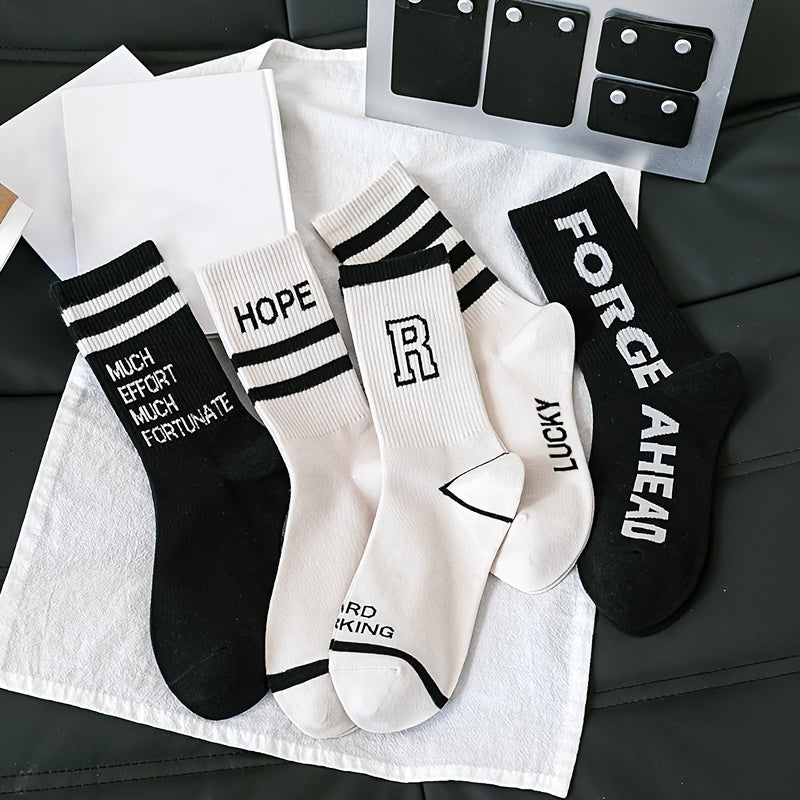 5 Pairs Letter Print Socks Comfy & Breathable Mid Tube Women's Stockings