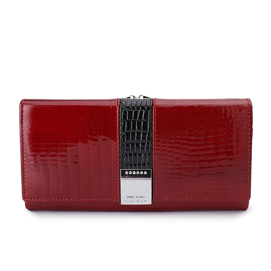Red Leather Long Wallet for Women Crocodile Texture Bifold