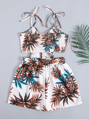 Tropical Print 2 Piece Set: Cropped Vest & Shorts