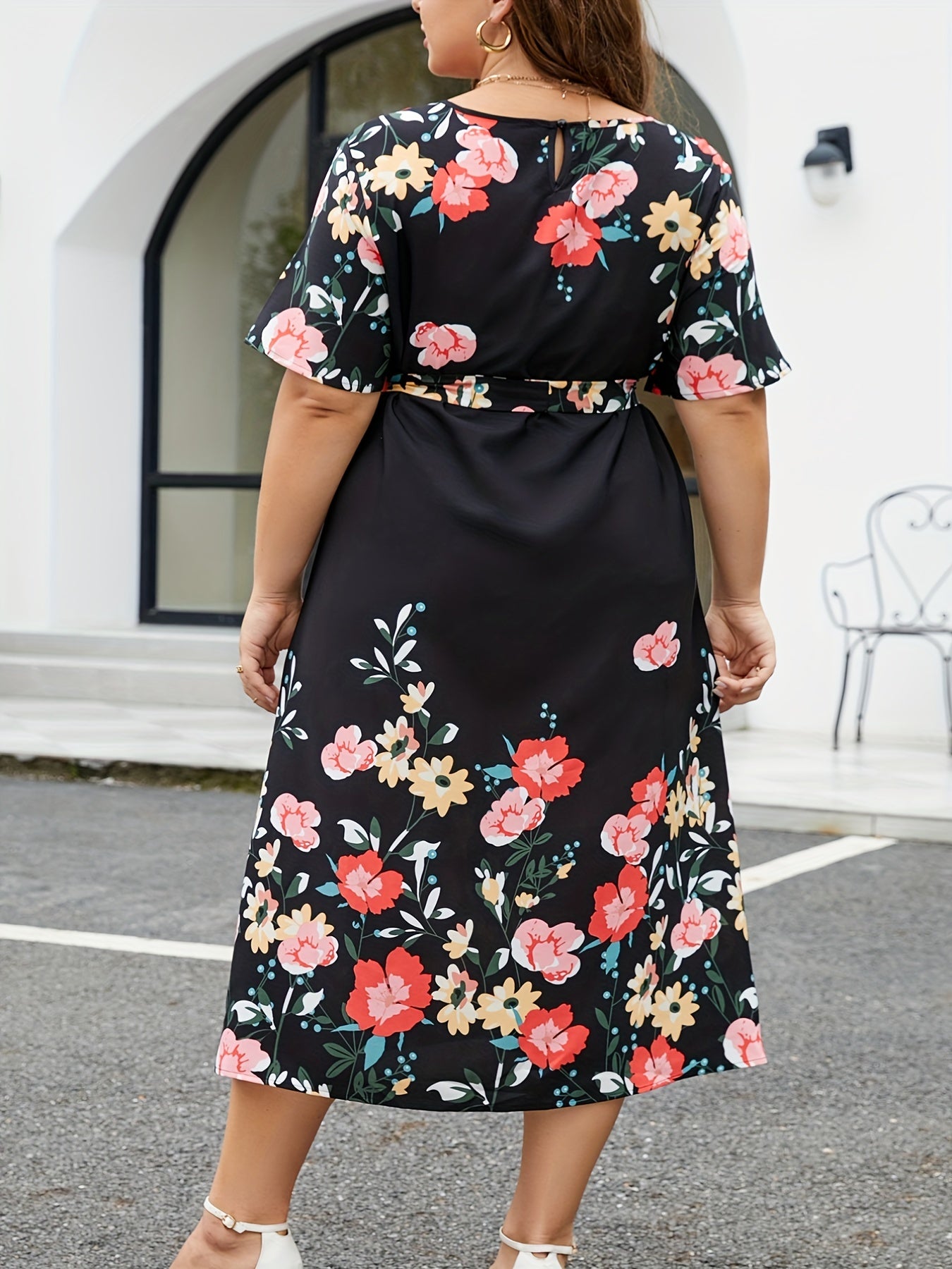  Floral Print Midi Dress With Belt