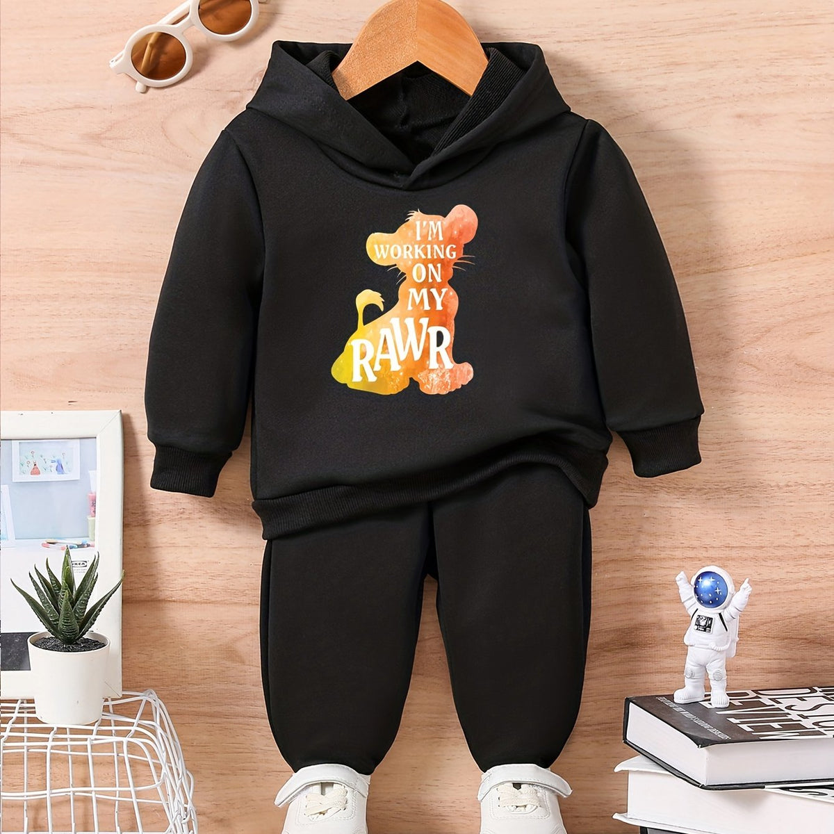 Baby Lion Letter Print Casual Outfit Long Sleeve Hoodie Trousers Set