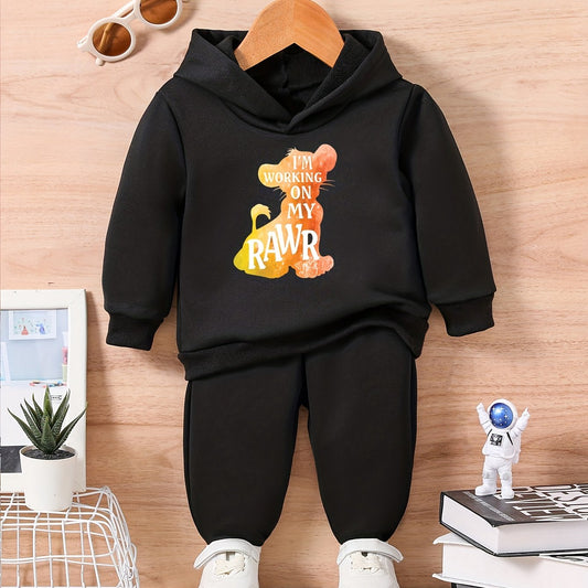 Baby Lion Letter Print Casual Outfit Long Sleeve Hoodie Trousers Set