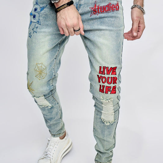 Slim Fit Ripped Jeans Men's Street Style Denim Pants