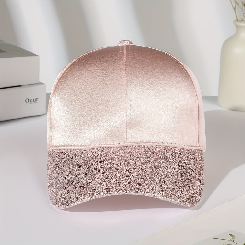 Pink Glitter Satin Baseball Cap Bright Breathable Sun Hat For Women