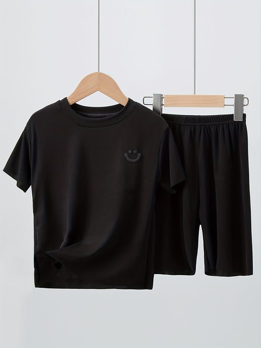 2pcs Boys Smile Face Icon Loungewear Set Kids Summer T shirt & Shorts