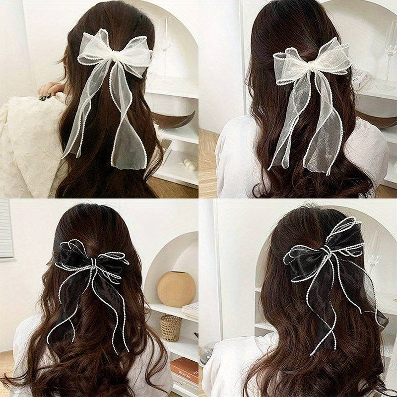 Organza Bow Hair Clip Pearl French Barrett Back Head