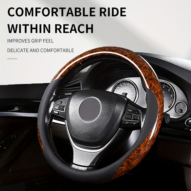 Wood Grain Steering Wheel Cover for 37-38 cm, Non-slip Protector