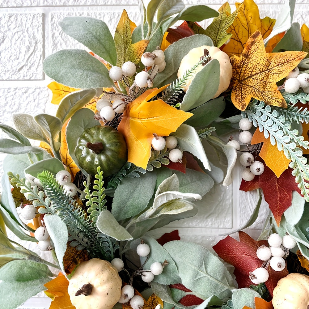 Frosted Leaf Pumpkin Wreath for Halloween, Thanksgiving, Christmas