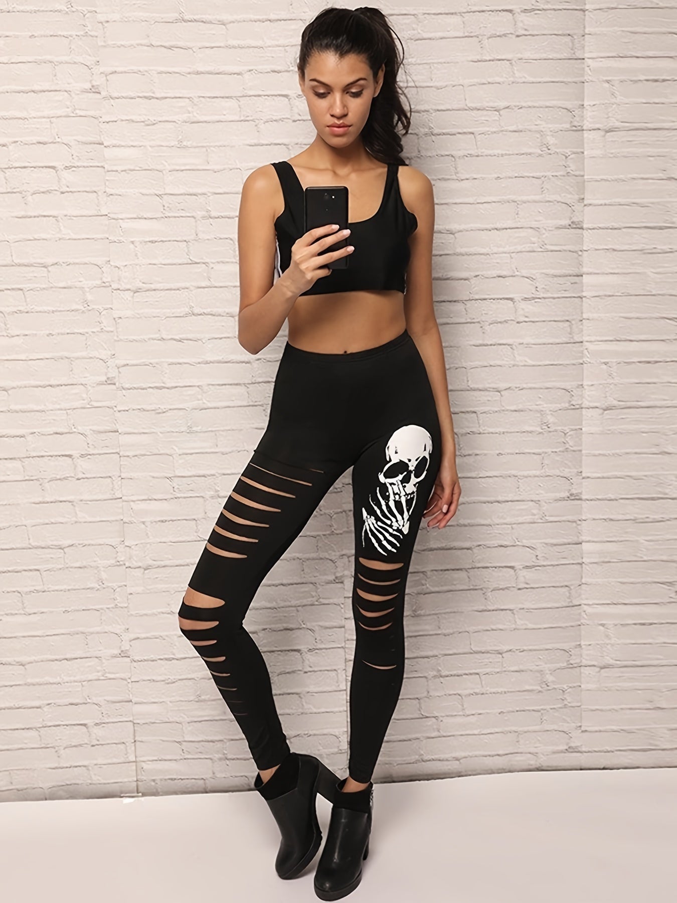 Skull Print Slim Leggings High Waist Hole Elastic Tight Casual Leggings