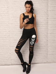 Skull Print Slim Leggings High Waist Hole Elastic Tight Casual Leggings