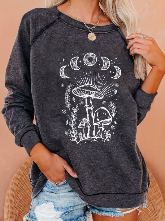 Mushroom Print Sweatshirt Crew Neck Pullover Casual Tops