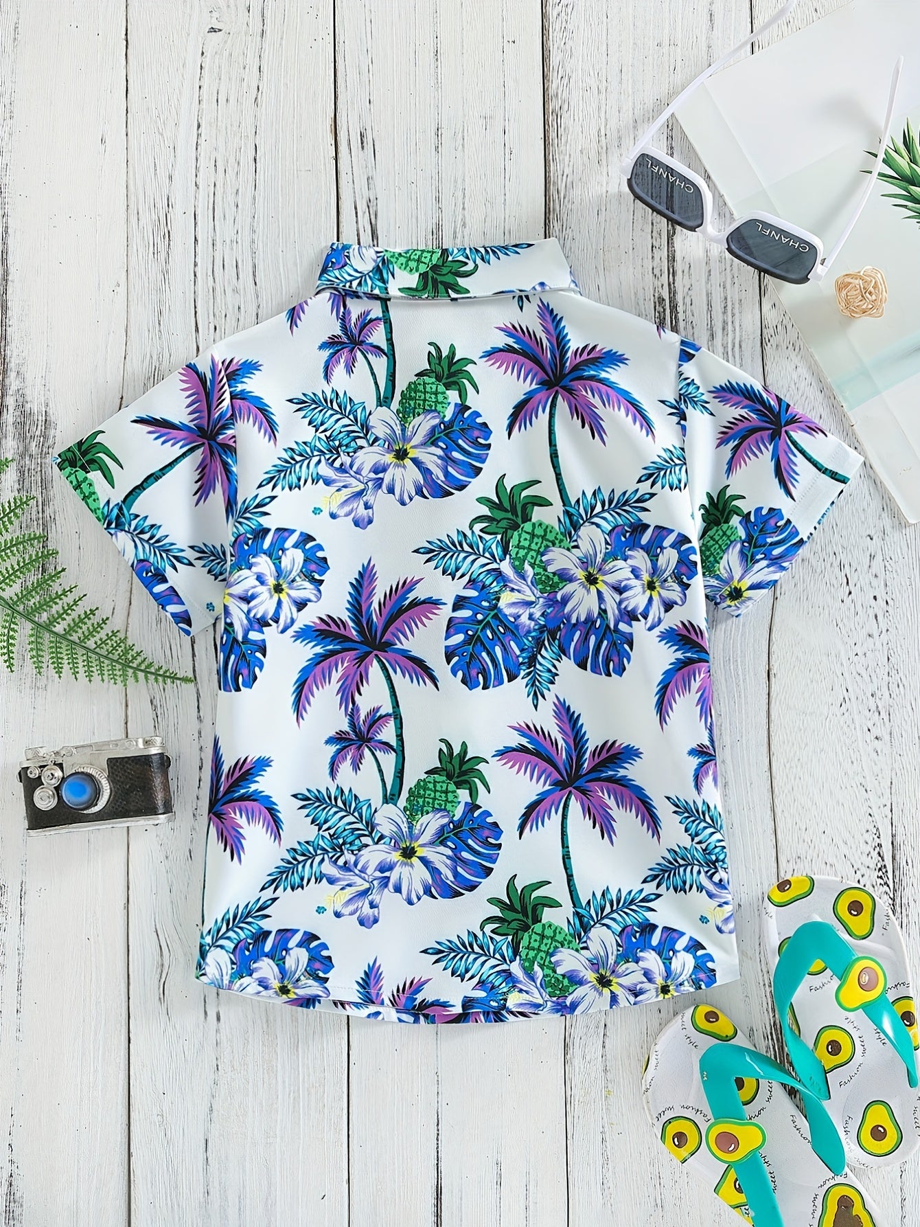 Boys Flowers & Leaves Print Short Sleeves Hawaiian Shirt for Beach Vacation