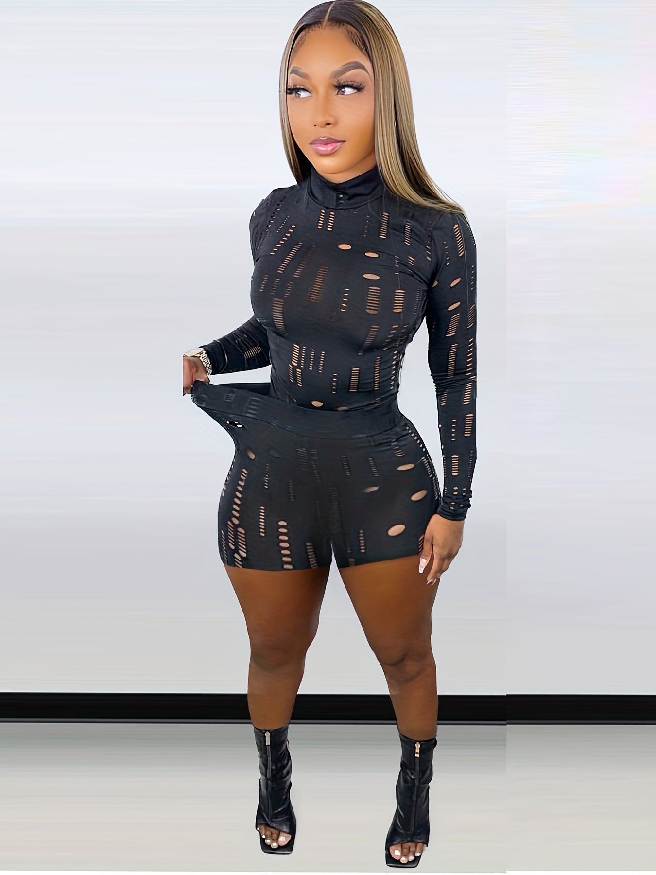 Long Sleeve High Neck T Shirt & Shorts Set