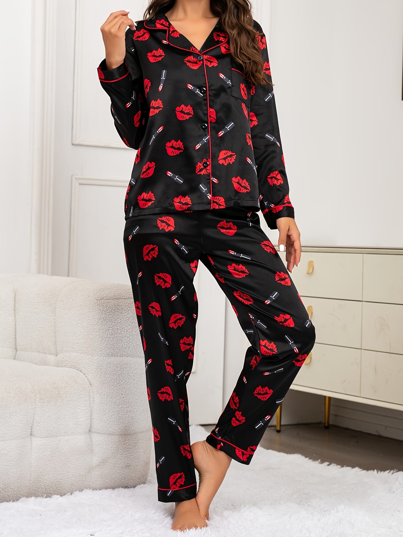 Lips Print Pajama Set Long Sleeve Top & Pants Women's Sleepwear