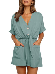 Women's V Neck Button Rompers Knot Tie Short Sleeve Jumpsuit