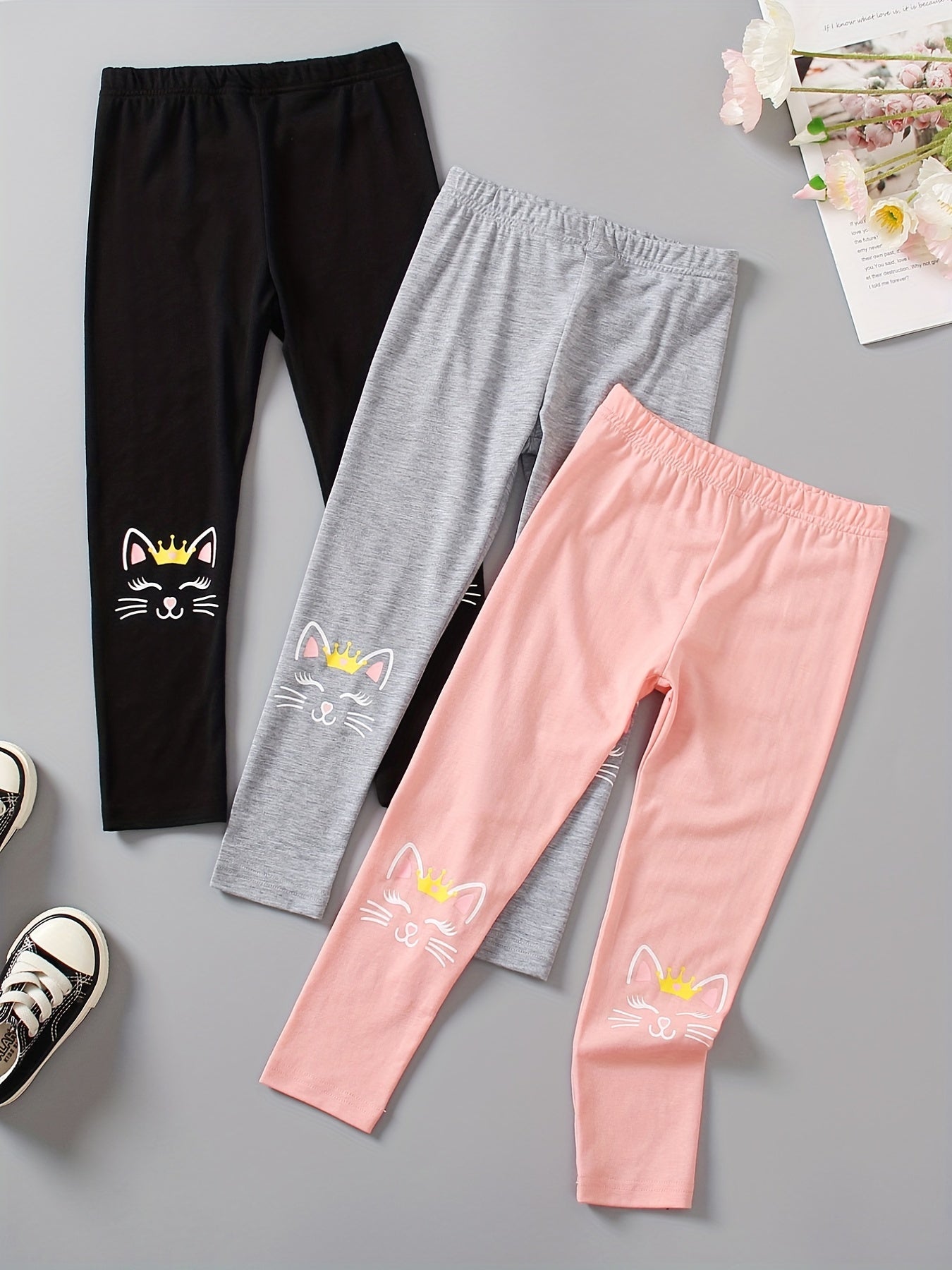 3pcs Girls Cat Print Ankle Pants Set