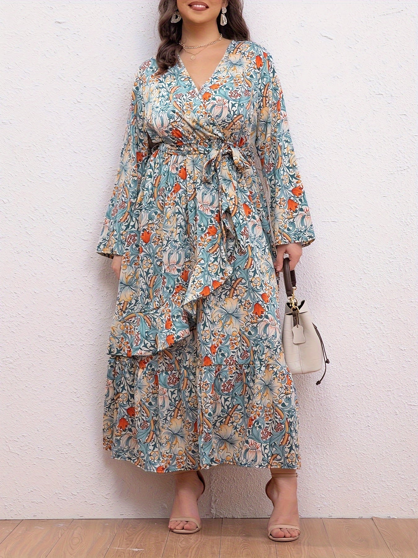 Women's Plus Floral Print Maxi Dress With Ruffle Trim