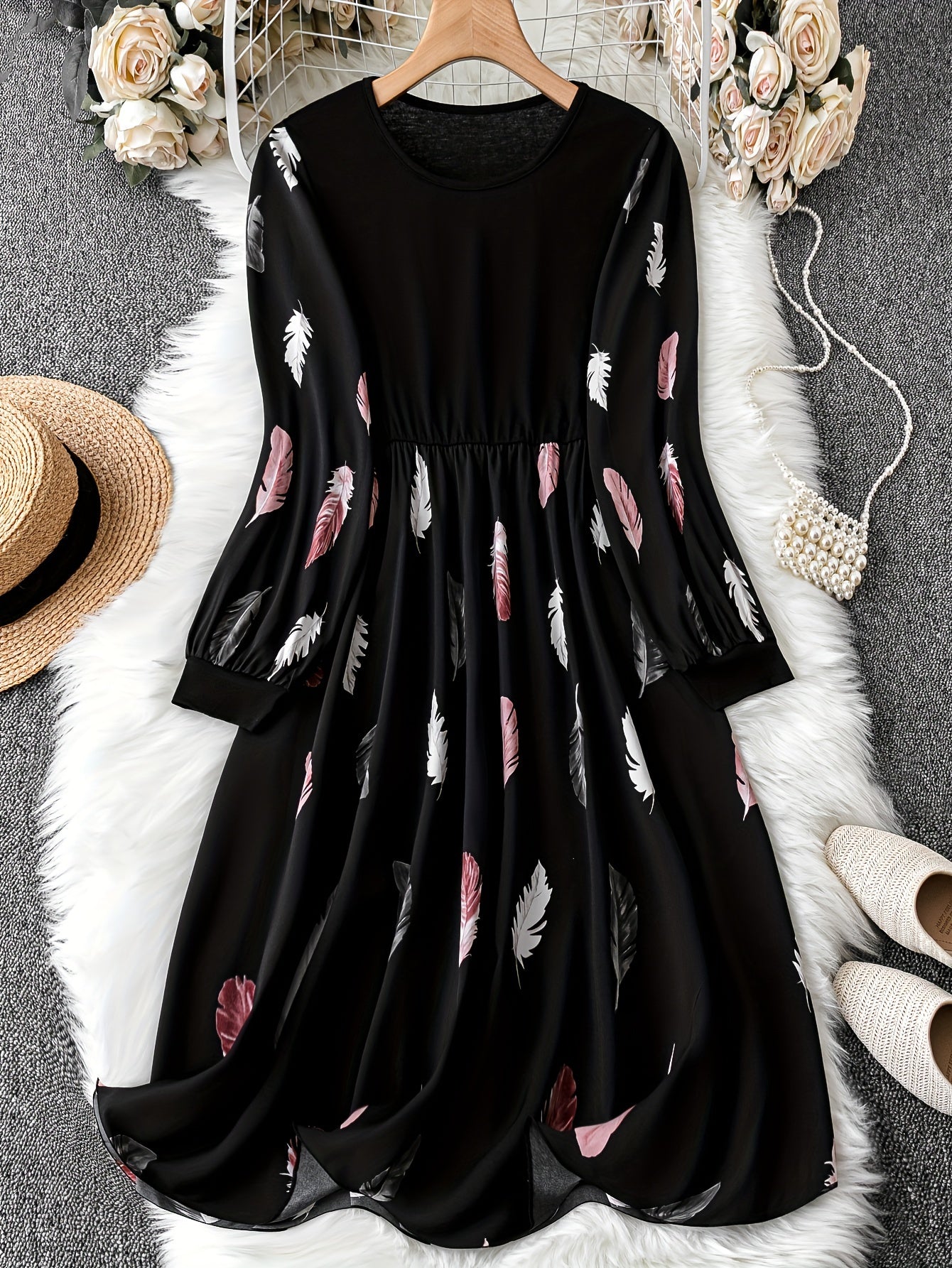  Colorblock Feather Print Long Sleeve Round Neck Dress