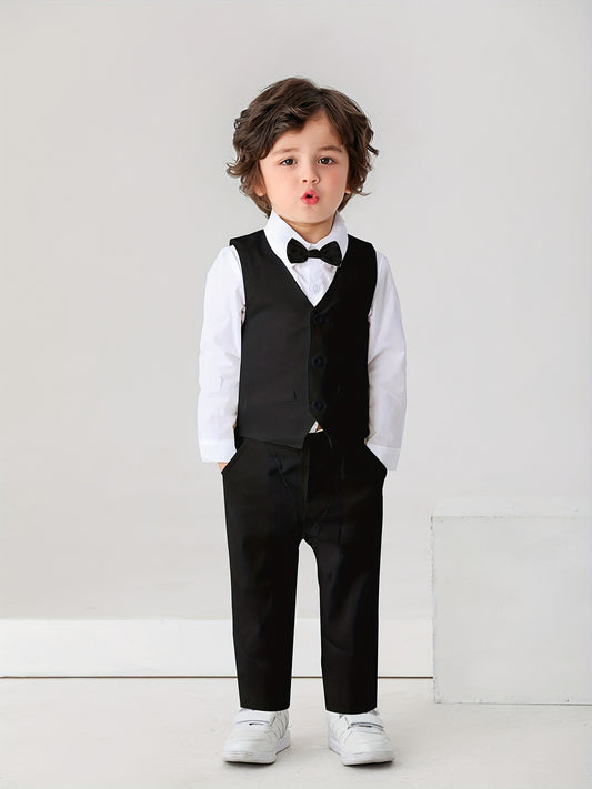 Kids Gentleman Suit 3pcs Dress Shirt Vest And Pants With Bow For Baby Boys