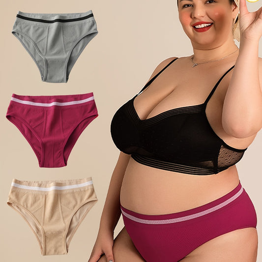 3 Pack Plus Size Panties Set Women's Plus Stripe Print Elastic Waist