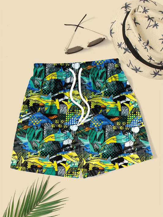 Shark Print Swim Trunks Elastic Waist Beach Shorts for Boys