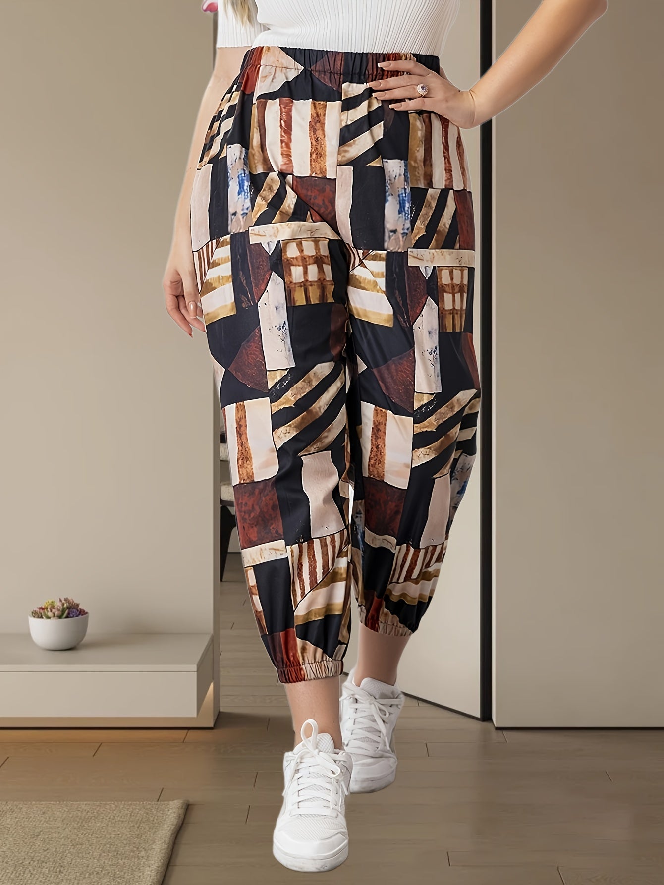  Colorblock Print Elastic Tapered Leg Pants