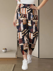  Colorblock Print Elastic Tapered Leg Pants
