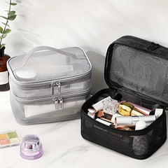 Portable Mesh Double Layer Cosmetics Bag - Large Capacity Toiletry Bag