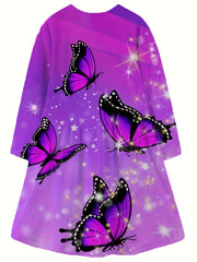 Dreamy Butterfly Graphic Crew Neck Long Sleeve Dress