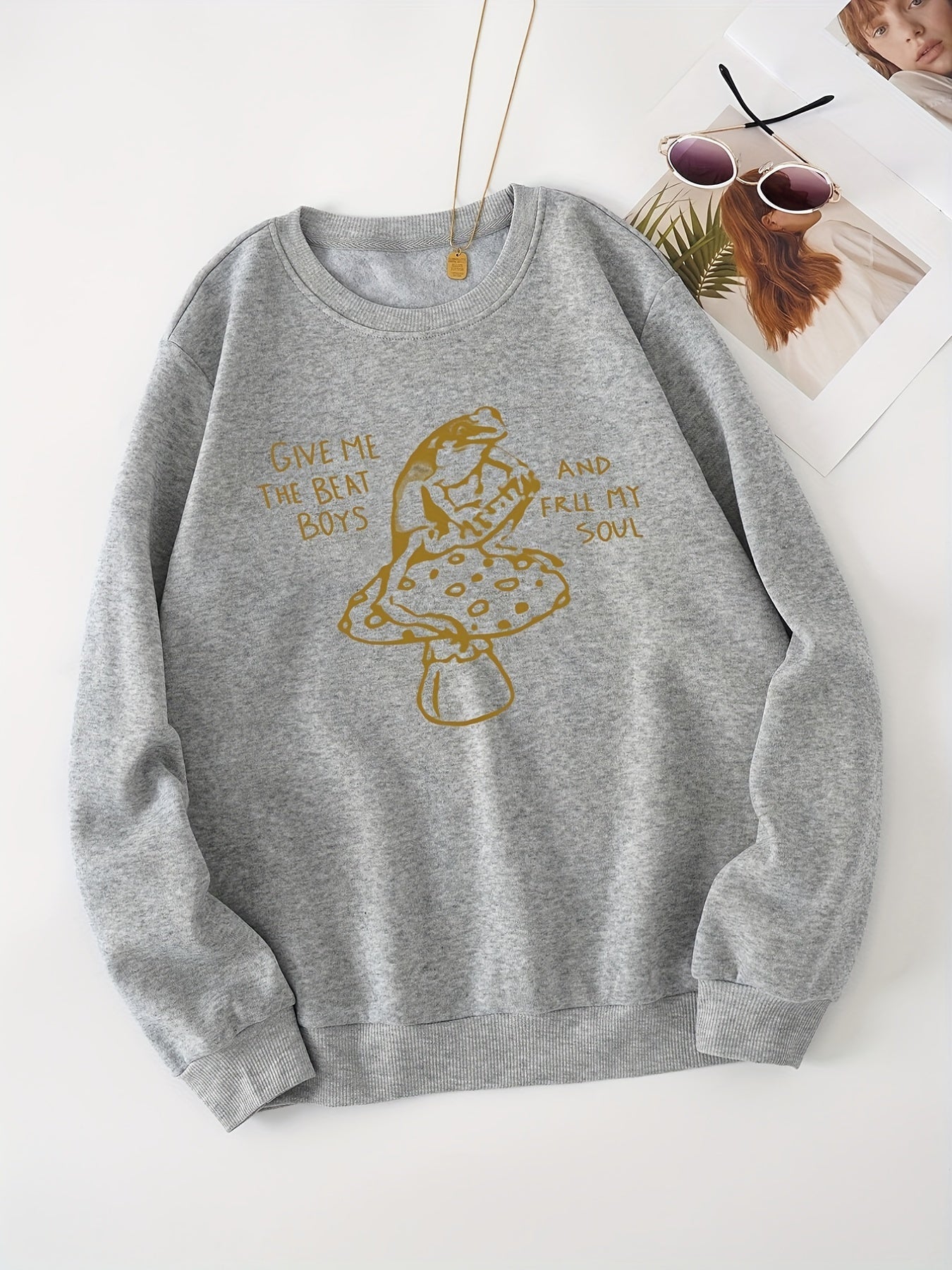 Frog & Mushroom Print Long Sleeve Crew Neck Sweatshirt