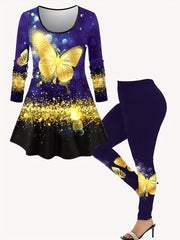 Women's Plus Butterfly Print Top & Leggings Outfit Set