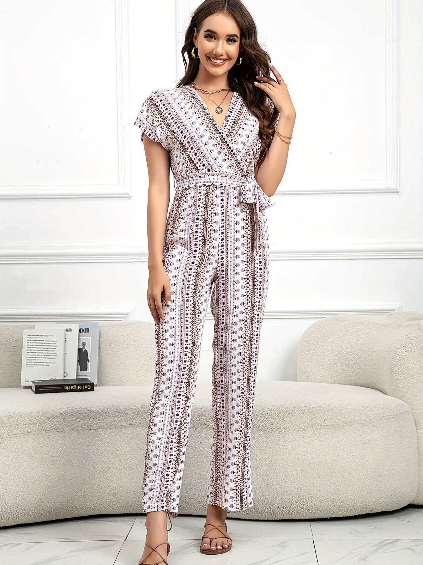 Ethnic Print Wide Leg Jumpsuit Boho Tie Waist V neck Jumpsuit