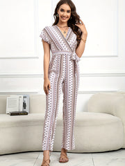 Ethnic Print Wide Leg Jumpsuit Boho Tie Waist V neck Jumpsuit