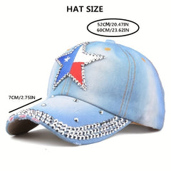 Pentagram Patch Denim Baseball Cap Rhinestone Hip Hop Distressed Dad Hat