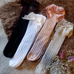 4 Pairs Girls Breathable Mesh Cable Knit Knee High Socks with Satin Bow