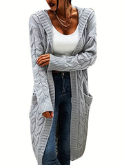 Solid Twisted Knitted Hooded Cardigan for Women