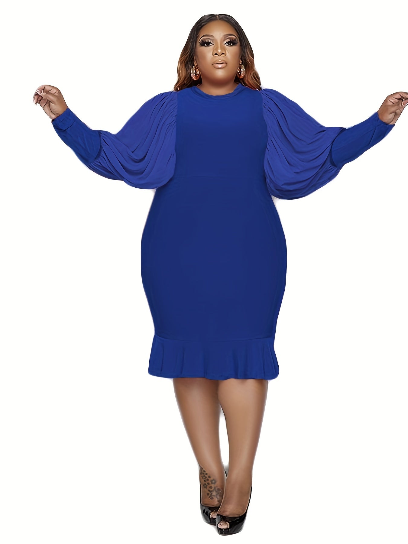  Solid Lantern Sleeve Ruffle Trim Dress