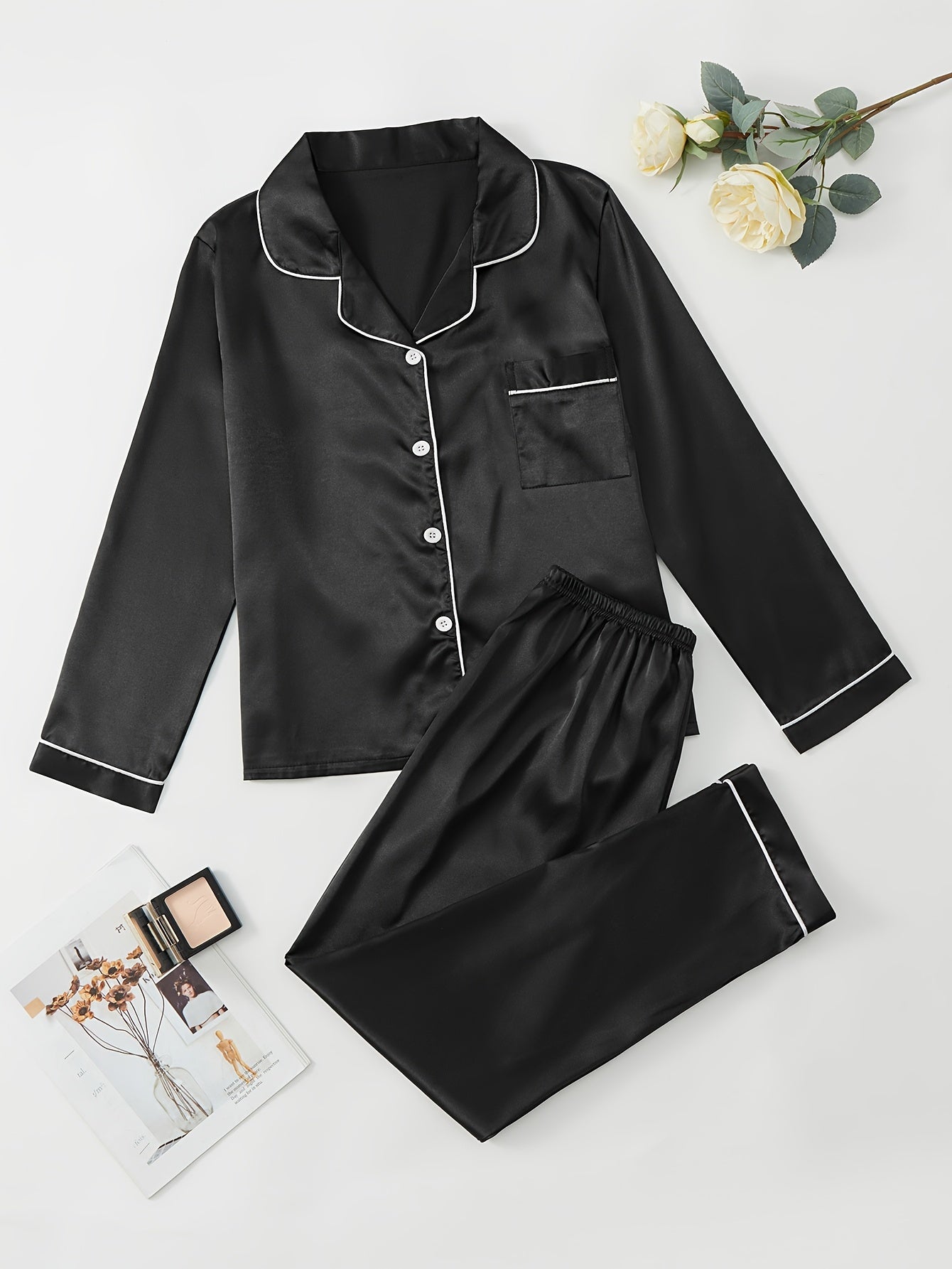 Satin Pajama Set Long Sleeve Top & Pants Women's Sleepwear