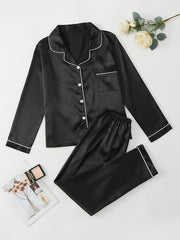 Satin Pajama Set Long Sleeve Top & Pants Women's Sleepwear
