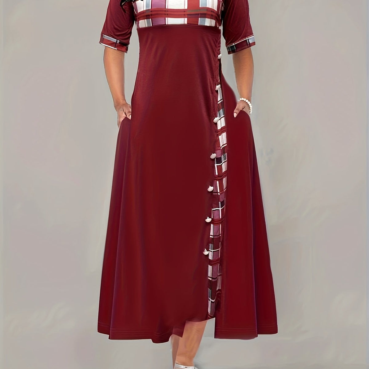 Plaid Print Button Decor Short Sleeve Dress With Pockets