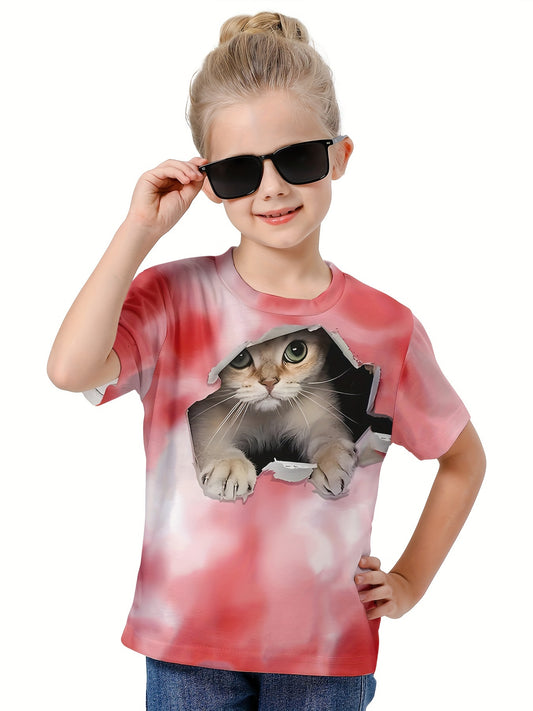 3D Cat Graphic Short Sleeve T shirt Girls Summer Sports