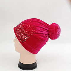 Pom Pom Rhinestone Turban Velvet Head Wrap Chemo Cap