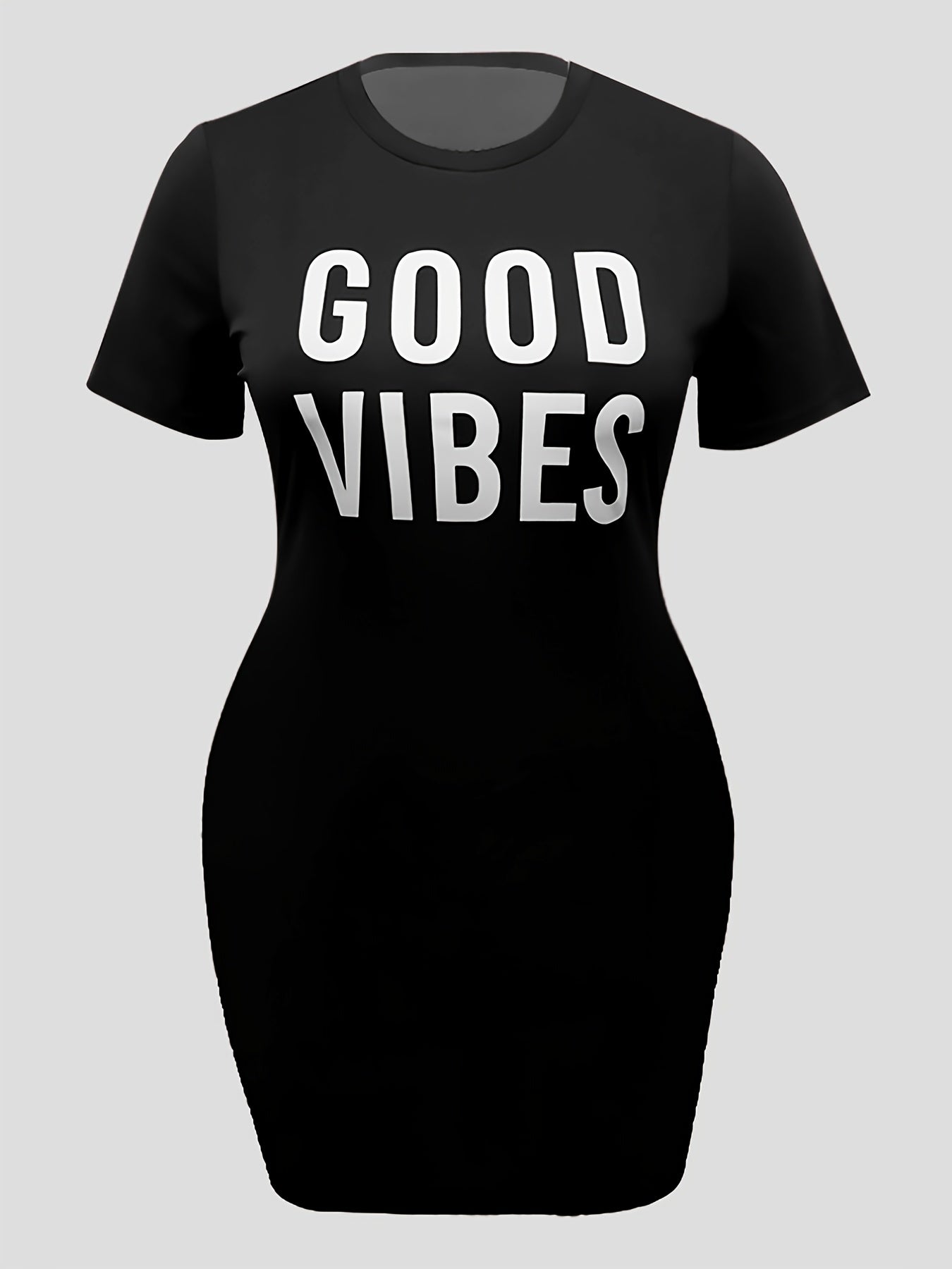  Letter Print Short Sleeve Tee Dress Women's Plus High Stretch Mini