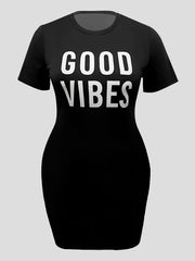  Letter Print Short Sleeve Tee Dress Women's Plus High Stretch Mini