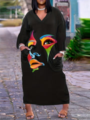  Women's Abstract Face Print Long Sleeve V Neck Dress
